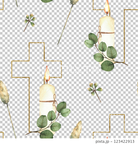 Golden Cross with a white burning candle and green eucalyptus branch seamless pattern. Watercolor religious painted illustration. Religious church fabric for baptism, Easter. Isolated from background 123422913