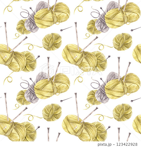 Skeins of yarn with knitting needles, threads and pins seamless pattern. Grey and olive green hobby yarn balls. Watercolor hand drawn illustration. Hobby needlework fabric on isolated white background 123422928
