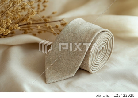 Elegant Beige Linen Necktie on Soft Neutral Fabric Background for Formal Wear 123422929