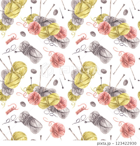Knitting, needlework seamless pattern. Different coloured skeins of yarn, needles, pins, buttons. Crocheted, knitted hobby fabric, packaging. Watercolor painted illustration. Isolated white background 123422930