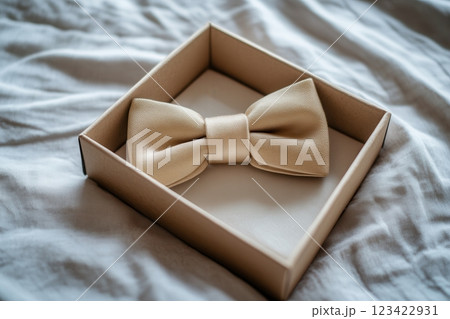 Elegant Beige Bow Tie in Gift Box on Soft Fabric Background 123422931