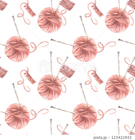 Pink ball of yarn, clew. Knitted fabric with knitting needles, thread seamless pattern. Watercolor hand drawn illustration. Handmade hobby product labelling, fabric design on Isolated white background 123422932