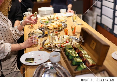 An Elegant and Exquisite Buffet Spread at a Social Gathering Filled with Delights 123423106