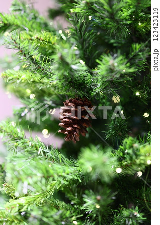 A Beautiful Pinecone nestled in Lush Green Foliage adorned with Twinkling Lights A Beautiful Pinecone nestled in Lush Green Foliage adorned with Twinkling Lights 123423119