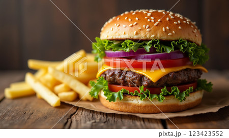 Homemade delicious hamburger with beef, onion, tomato, lettuce and cheese. 123423552