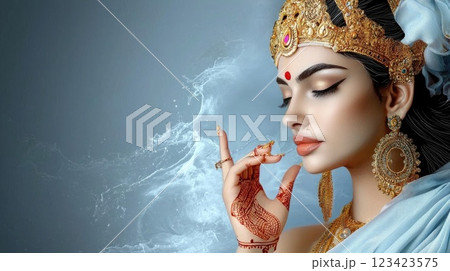 Sacred presence: portrayal of Ganga Goddess, representing embodiment of divine grace and the sacred river's eternal flow, reflecting role as source of spiritual renewal, revered figure in Hinduism. 123423575