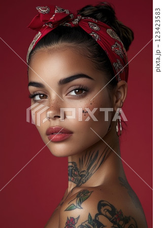Elegant portrait: sympathetic black girl in a pin-up style, showcasing attractive vintage look with warm demeanor, highlighting allure, nostalgia of classic pin-up aesthetics. Elegant portrait: sympathetic black girl in a pin-up style, showcasing attractive vintage look with warm demeanor, highlighting allure, nostalgia of classic pin-up aesthetics. 123423583