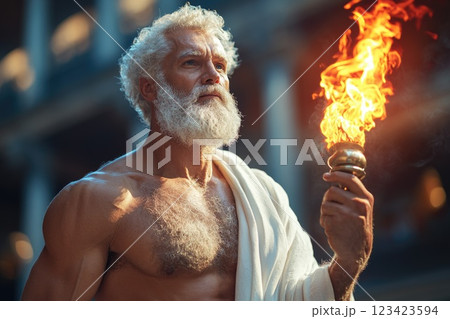 Titan of fire: An illustration of Prometheus, the Greek Titan defiance of the gods by bringing fire to humans, representing the profound impact on technology and the advancement of civilization. Titan of fire: An illustration of Prometheus, the Greek Titan defiance of the gods by bringing fire to humans, representing the profound impact on technology and the advancement of civilization. 123423594