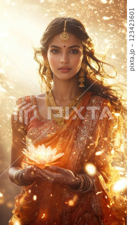 Divine presence: Portrait of Goddess Sita celebrated during Rama Navami, Dussehra, and Diwali, reflecting her integral role in these festivals honoring her strength and devotion. 123423601