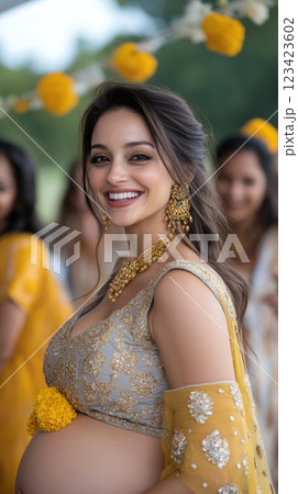 Maternal Serenity: pregnant Indian woman, grace of impending motherhood, portrayed in traditional clothing with cultural motifs, reflecting joy, significance of this special time in her life. 123423602