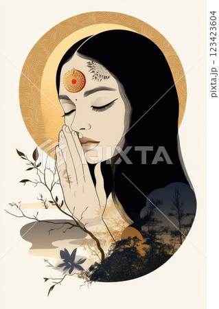 Sacred depiction: Goddess Sita portrayed in context of Rama Navami, Dussehra, and Diwali, symbolizing her pivotal role in divine narrative and her revered presence during these significant festivals. 123423604