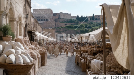 Classical roadways, A vivid portrayal of ancient Roman streets, emphasizing intricate layout and historical significance of urban design, commerce in ancient Rome vibrant society. 123423632