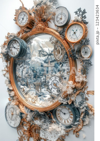 Ticking seconds: portrayal of passing of time, with clocks symbolizing relentless progression of hours and minutes, illustrating inevitable flow of existence in framework of time. 123423634
