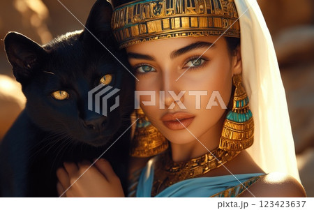 Ancient royalty: A captivating depiction of an Egyptian queen with a black wildcat, highlighting opulence and strength of queen's presence alongside her powerful, enigmatic pet. Ancient royalty: A captivating depiction of an Egyptian queen with a black wildcat, highlighting opulence and strength of queen's presence alongside her powerful, enigmatic pet. 123423637