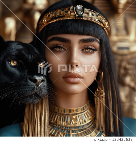 Ancient royalty: A captivating depiction of an Egyptian queen with a black wildcat, highlighting opulence and strength of queen's presence alongside her powerful, enigmatic pet. Ancient royalty: A captivating depiction of an Egyptian queen with a black wildcat, highlighting opulence and strength of queen's presence alongside her powerful, enigmatic pet. 123423638
