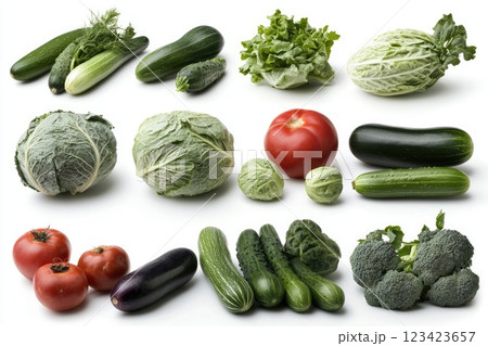 Vegetable assortment: A collection of vegetables isolated on a white background, displaying a variety of fresh produce with different shapes and colors, arranged for a clean and simple visual effect. 123423657