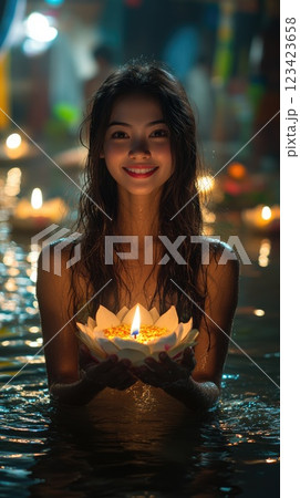 Radiant Loy Krathong: A serene festival with beautifully lit krathongs drifting peacefully, marking a night of reflection, tradition, and heartfelt offerings on the water. 123423658