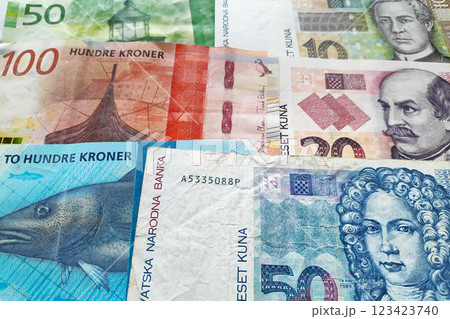 Stack of Norwegian krone and Croatian Kuna Stack of Norwegian krone and Croatian Kuna 123423740