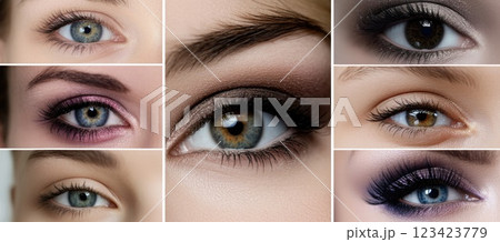 Eyelash makeup focus: close-up view, delicate application, defined lashes, beauty enhancement, precise styling, elegant look, eye detail, smooth finish, artistic touch, captivating gaze. 123423779