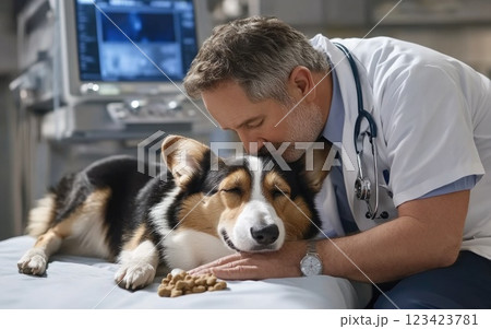 A veterinarian gently interacts with a corgi, ensuring the dog feels comfortable before its MRI scan. The clinic uses advanced imaging technology for accurate diagnoses 123423781