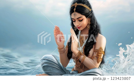 Divine flow: ethereal depiction of Ganga Goddess, purity and spiritual cleansing, captured in serene, majestic form, embodying sacred river's life-giving essence, her revered place in Hindu tradition. 123423807