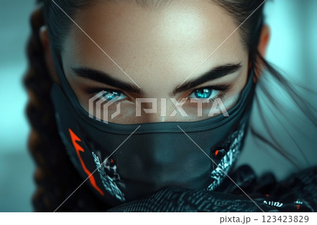 Futuristic beauty: girl adorned digital holographic mask, traditional fabrics, futuristic materials, set against bustling, tech-filled cityscape, merging pop surrealism, cyberpunk fashion elements. 123423829