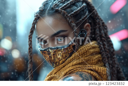 Digital allure: girl in a holographic mask, mix of traditional, futuristic clothing, vibrant technologically saturated city background, showcasing fusion of pop surrealism, cyberpunk fashion styles. 123423832