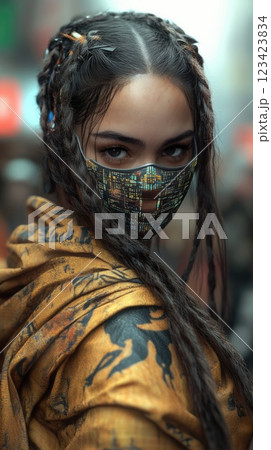Futuristic beauty: girl adorned digital holographic mask, traditional fabrics, futuristic materials, set against bustling, tech-filled cityscape, merging pop surrealism, cyberpunk fashion elements. 123423834