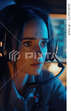 Calm under pressure: portrait a 911 operator at work, their unwavering focus, composure while managing urgent calls, embodying essential qualities of reliability, resilience in crisis management. Calm under pressure: portrait a 911 operator at work, their unwavering focus, composure while managing urgent calls, embodying essential qualities of reliability, resilience in crisis management. 123423858