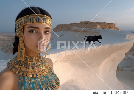 Ancient royalty: A captivating depiction of an Egyptian queen with a black wildcat, highlighting opulence and strength of queen's presence alongside her powerful, enigmatic pet. Ancient royalty: A captivating depiction of an Egyptian queen with a black wildcat, highlighting opulence and strength of queen's presence alongside her powerful, enigmatic pet. 123423872