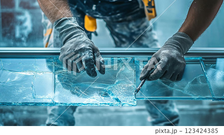 Professional Repairing of Broken Window Pane by Skilled Worker with Gloves and Tools Professional Repairing of Broken Window Pane by Skilled Worker with Gloves and Tools 123424385