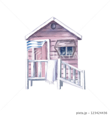 Pink beach hut with waving flag and towel. Isolated watercolor illustration for postcard design, travel posters, seafood restaurant interior. Pink beach hut with waving flag and towel. Isolated watercolor illustration for postcard design, travel posters, seafood restaurant interior. 123424436