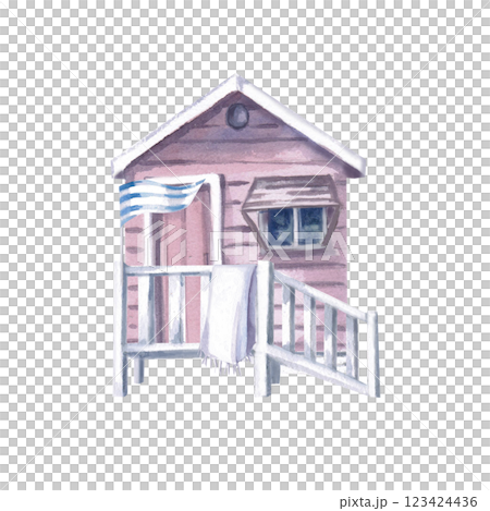 Pink beach hut with waving flag and towel. Isolated watercolor illustration for postcard design, travel posters, seafood restaurant interior. Pink beach hut with waving flag and towel. Isolated watercolor illustration for postcard design, travel posters, seafood restaurant interior. 123424436