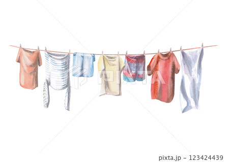 Drying laundry hanging on a line. Isolated watercolor illustration for decorating washing powders, cleaning products, household scenes. 123424439