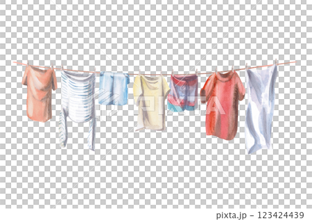 Drying laundry hanging on a line. Isolated watercolor illustration for decorating washing powders, cleaning products, household scenes. 123424439