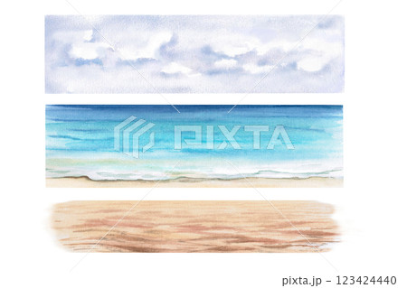 Landscape-constructor, consisting of 3 parts. Watercolor illustration of the sea coast for the design of tourist brochures, interior of restaurants, printing on clothes, backgrounds for illustrations. 123424440