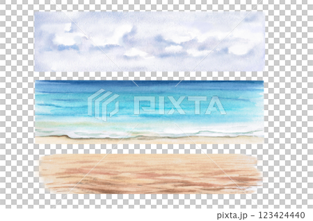 Landscape-constructor, consisting of 3 parts. Watercolor illustration of the sea coast for the design of tourist brochures, interior of restaurants, printing on clothes, backgrounds for illustrations. Landscape-constructor, consisting of 3 parts. Watercolor illustration of the sea coast for the design of tourist brochures, interior of restaurants, printing on clothes, backgrounds for illustrations. 123424440