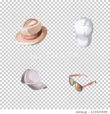 Set of hats and glasses. Isolated watercolor illustration of attributes of vacation life, for design of printing of sport shops, travel agencies, printing on t-shirts. 123424509
