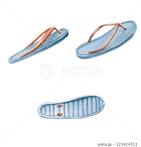 Set of different angles of flip-flops. Isolated watercolor illustration of flip-flops, as an attribute of vacation life, for the design of printed materials for sports stores, travel agencies. 123424511