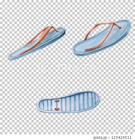 Set of different angles of flip-flops. Isolated watercolor illustration of flip-flops, as an attribute of vacation life, for the design of printed materials for sports stores, travel agencies. 123424511