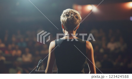 Businesswoman Delivering Inspiring Speech at Corporate Event with Engaged Audience in Background 123424588