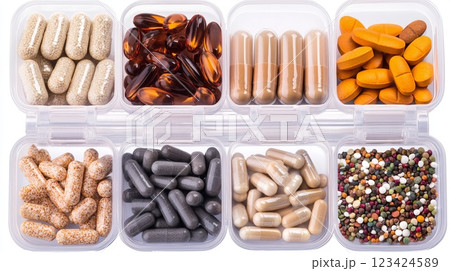 Variety of Vitamins and Supplements in Pill Box for Health and Wellness Routine 123424589