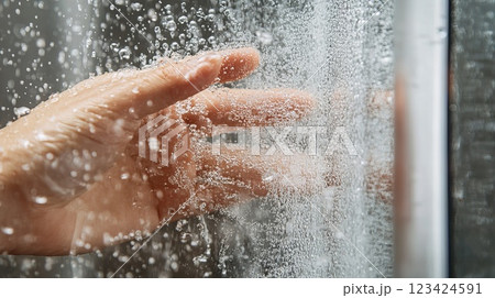 Person Enjoying a Refreshing Shower in the Morning with Water Droplets Creating an Inviting Atmosphere 123424591