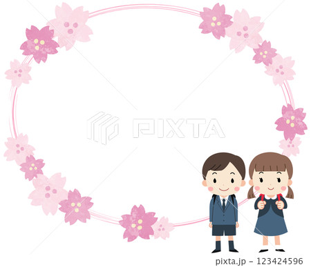ランドセルを背負った小学生と桜の花のフレームイラスト 123424596