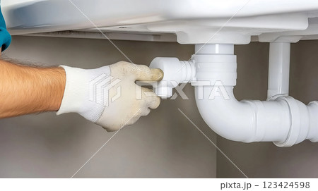 Skilled Handyman Fixing a Leaking Pipe Under the Kitchen Sink with Careful Attention 123424598