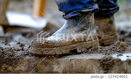 Close-Up of Muddy Work Boot During Home Inspection Process in Construction Site 123424601