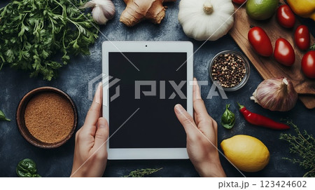 Person Holding Tablet in Cooking Class Surrounded by Fresh Ingredients and Spices 123424602