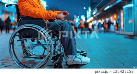 young man in wheelchair wearing orange jacket, sitting on city street at night 123425158