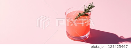 Glass of vibrant pink cocktail garnished with a sprig of rosemary, ice cubes, and a slice of citrus fruit, placed on a solid pink backdrop, creating a refreshing summer holiday vibe Glass of vibrant pink cocktail garnished with a sprig of rosemary, ice cubes, and a slice of citrus fruit, placed on a solid pink backdrop, creating a refreshing summer holiday vibe 123425467