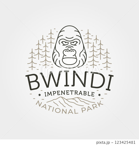 bwindi impenetrable national park line art logo, gorilla face and forest vector illustration design 123425481